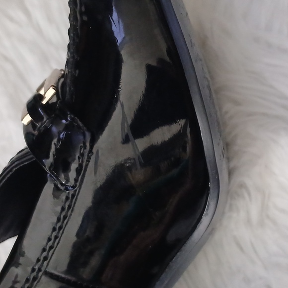 Marc Fisher Glossy Black Grannycore  Chunky Heel Loafers with Chain Accent - Picture 13 of 16